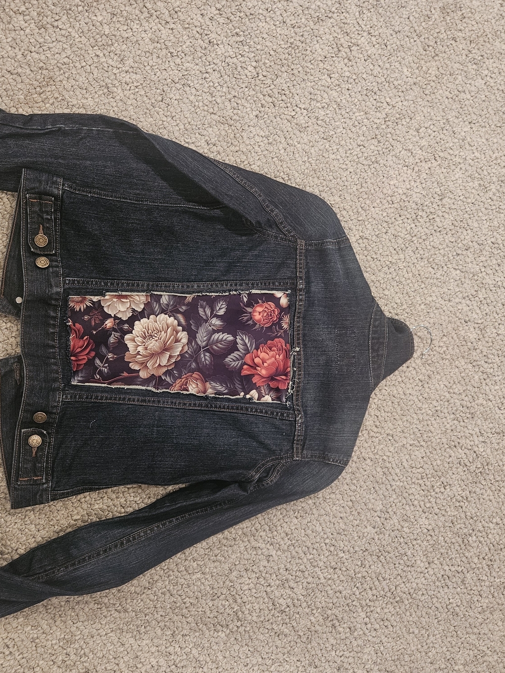 Upcycled Old Navy Dark Wash Denim Jacket with Floral Back Panel
